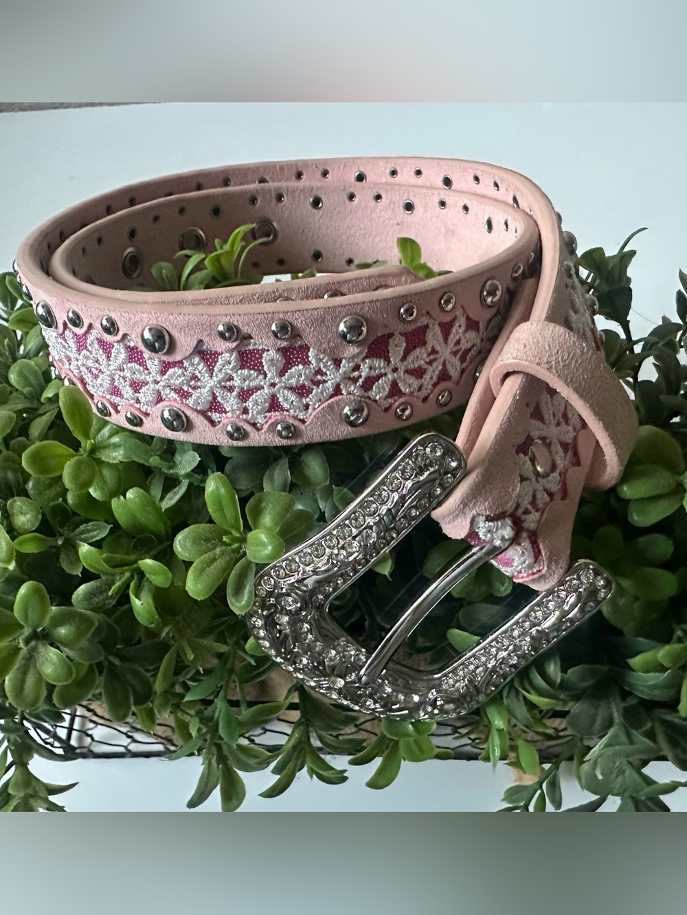 Shyanne Pink Embroidered Studded Belt with Rhinestone Buckle